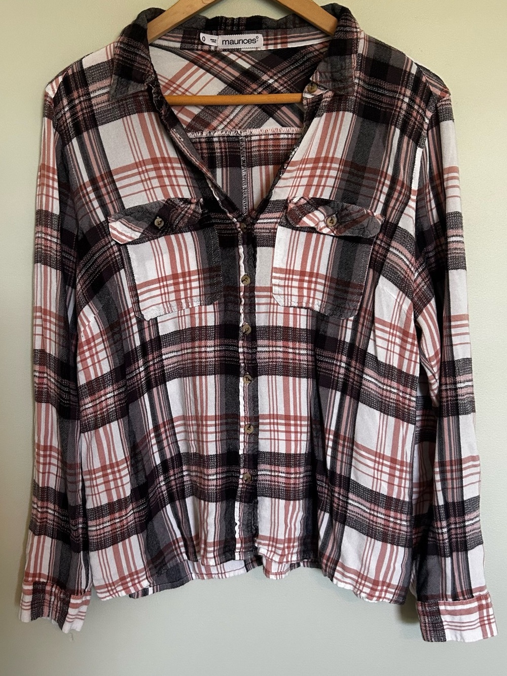 Women’s Maurices Peach Gray & White Plaid Button-Up Shirt Plus Size 0